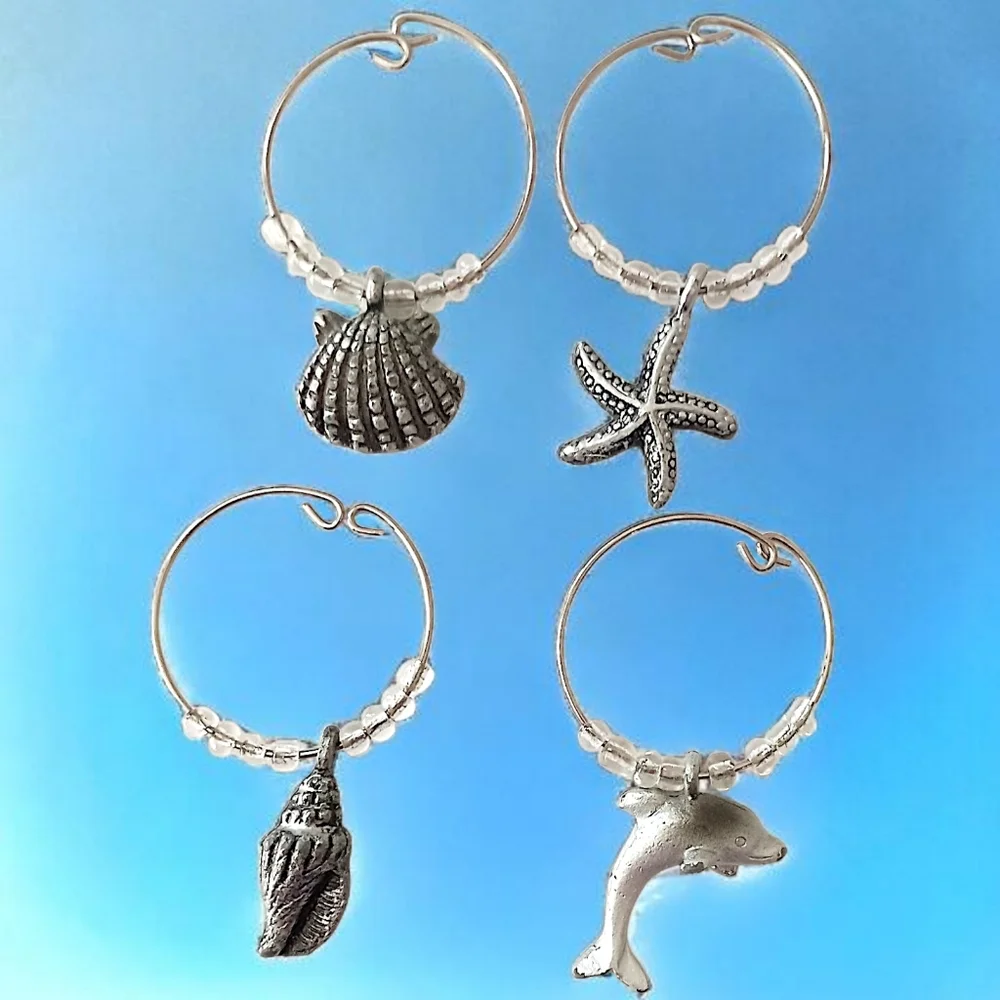 4 Beach Themed Wine Glass Charms Vintage Y2K Silver Tone Beaded Coastal Nautical